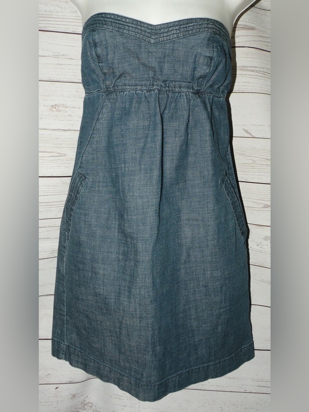 American Eagle strapless blue denim mini dress empire waist w pockets y2k sz 2